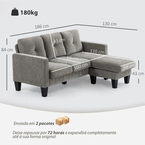 Sofá Chaise Longue Sofá em Forma de L Estofado em Poliéster Sofá de Canto Reversível 186x130x84 cm Castanho Acizentado