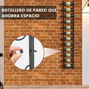 Garrafeira de parede para 12 garrafas Estante suspensa em aço inoxidável para garrafas de vinho 22 x 13,5 x 145 cm preto