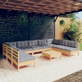 vidaXL 10pcs conjunto lounge de jardim + almofadões cinza pinho maciço