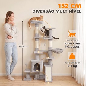 Árvore Arranhadora para Gatos 152 cm Multinível com Casinha Rede Cama Escada Arranhadora 4 Postes de Sisal e Bolas Cinza Claro
