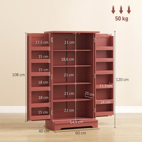 Armário de cozinha com 5 níveis, com portas e prateleiras ajustáveis, 60 L x 40 P x 120 A cm, com acabamento em madeira vermelha