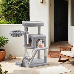 Arranhador para gatos com caverna e cesto suspenso 48,1 x 48,1 x 96,1 cm cinzento claro