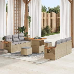 vidaXL Conjunto de Sofa de Jardim com 9 Peças e Almofadas Bege Polirattan Acácia