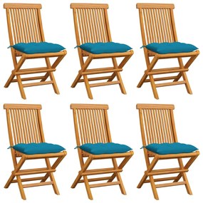 Cadeiras de jardim c/ almofadões azul-claro 6 pcs teca maciça