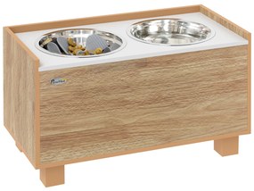 PawHut Comedouro para Cães Elevado com Sistema de Alimentação Lento Espaço de Arrumação 2 Tigelas de 2L de Aço Inoxidável 60x30x35,5 cm Madeira | Aosom Portugal