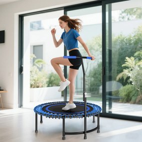 Trampolim de fitness de 114 cm, cordas elásticas, pega ajustável em 5 posições, trampolim de exercício silencioso, azul