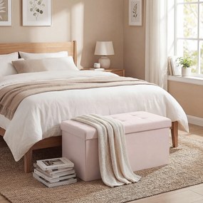 Puff de Arrumação Banco Dobrável 84 L 76x38x38 cm Estofado em Linho Sintético, Baú de Arrumação Rosa