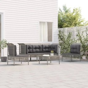 6 pcs conjunto lounge de jardim c/ almofadões vime PE cinzento