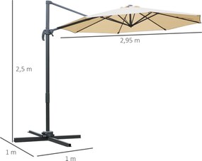 Guarda-sol octogonal inclinável Ø 2,95, com rotação de 360°, pé em cruz, 8 cordas, manivela incluída e estrutura em alumínio bege