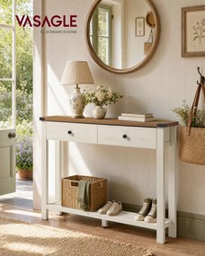 Mesa consola estreita 100 x 24 x 76 cm com gavetas em madeira, nas cores branco e castanho