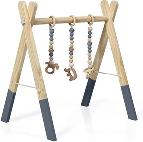 Ginásio para bebés com brinquedos para a dentição Desenvolvimento cerebral dobrável em madeira para crianças +3 meses 66 x 40 x 60 cm Cinzento