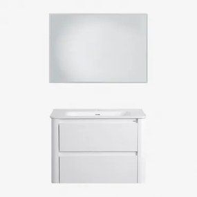 Conjunto De Móvel De Casa De Banho Em Madeira Com Lavatório Integrado Egerton Branco & Led Retangular E Anti-embaciamento 100x70 Cm Tamsin - Sklum