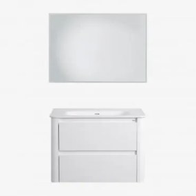 Conjunto De Móvel De Casa De Banho Suspenso Em Madeira Com Lavatório Integrado Egerton Branco & Led Retangular E Anti-embaciamento 100x70 Cm - Sklum