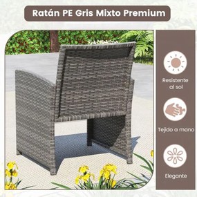 Conjunto de Jardim, 4 peças em rattan com almofadas e tampo em vidro temperado, para jardim, alpendre ou varanda, cinzento e Creme
