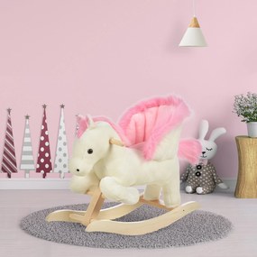 Cavalo de baloiço com função musical, sela de grande conforto, pelúcia curta e macia para crianças dos 18 aos 36 meses, em madeira de álamo, branco e