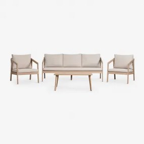 Conjunto De Jardim Com Sofá De 3 Lugares, 2 Poltronas E Mesa De Centro Em Madeira De Acácia E Corda Trançada Kaela Marrom Acácia Claro & Tecido Castan