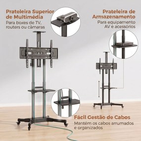 Suporte para TV com Rodas para Televisores de 32-75 Polegadas, Altura Ajustável, Rodas com Travão, VESA máx. 400 x 600 mm