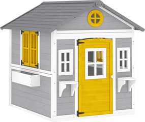 Outsunny Casa de Madeira Infantil Casa de Brincar de Madeira com Porta Janelas Floreiras e Prateleiras 112x126x135 cm Cinzento e Amarelo | Aosom Portugal