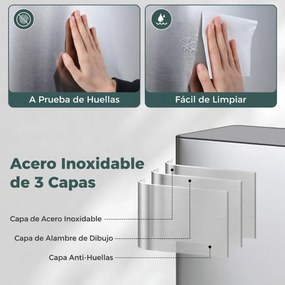 Cubo do lixo de 60 L para cozinha 54 x 34 x 67 cm com 2 compartimentos, tampa com pedal e alças laterais Prata