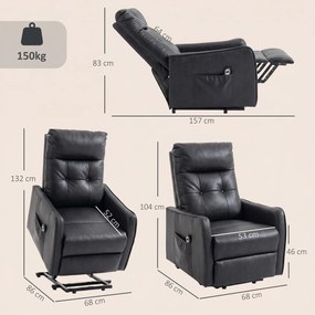 Poltrona Relax Reclinável Elétrica Elevatória em Couro PU com Controlo Remoto, Assento com Molas, Apoio para os Pés, Cinzento