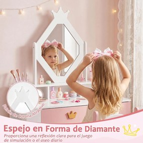Conjunto de Toucador Infantil com Espelho e Cadeira, 80 x 40 x 130 cm, Espaço de Arrumação Ajustável, Branco