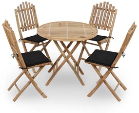 vidaXL 5 pcs conj. de jantar dobrável c/ almofadões p/ exterior bambu