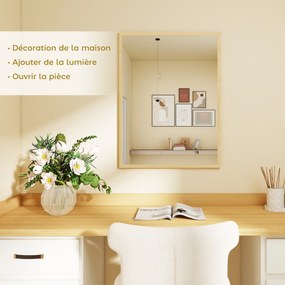 Espelho de parede retangular de 80 x 60 cm, com moldura em madeira natural, ideal para a casa de banho, sala de estar ou quarto