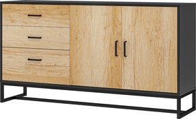 Aparador de sala de estar com 3 gavetas e prateleira ajustável 140 x 35 x 75 cm, pés em aço, puxadores em liga de alumínio acabamento em cor de madeir