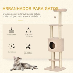 Arranhador para Gatos Altura 148 cm Arranhador para Gatos com Postes de Sisal 3 Plataformas Casa e Bola Suspensa Bege