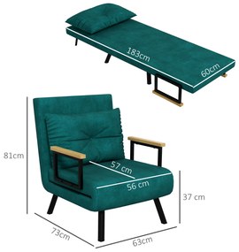 Poltrona Convertível em Cama Dobrável com Encosto Ajustável em 5 Níveis e Almofada Acolchoada Carga 120 kg 63x73x81 cm Verde