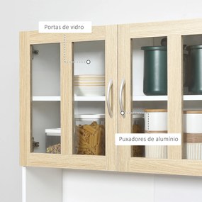 Armário de Cozinha  80x40x180 cm com 4 Portas de Vidro Bancada Aberta para Micro-Ondas Branco e Madeira