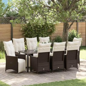 vidaXL Conjunto de Jantar de Jardim de 9 Peças com Almofadas de Rattan e Poliéster Castanho