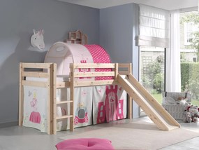 Conjunto Cama alta de Criança PINO 90 x 200 cm + estrado + escada + escorrega + cortina + túnel Princesa Natural