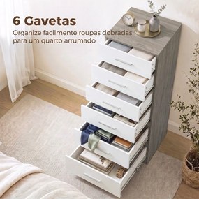 Cómoda de 6 Gavetas Alta para Quarto com Sistema Antitombo 40x40x110 cm Cinza-claro e Branco