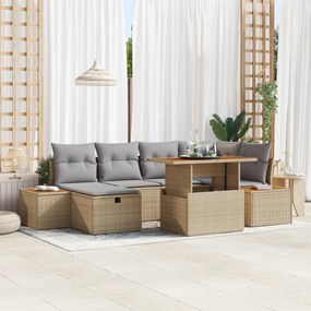 Conjunto de Sofá de Jardim de 7 Peças com Almofadas Bege em Rattan Pol