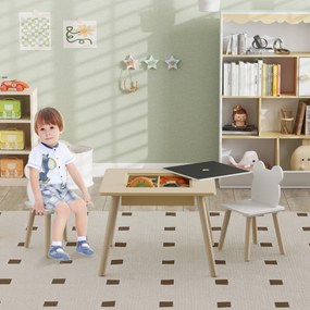 Conjunto de Mesa e 2 Cadeiras com Encosto em Forma de Ursinho e Compartimentos Ocultos Madeira e Branco