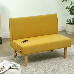 Sofá de 2 Lugares Estofado em Veludo Cotelê Sofá Sala de Estar com 2 Entradas USB 1 Entrada Tipo C 110x60x85 cm Amarelo