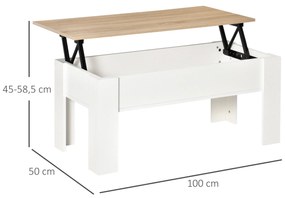 Mesa de Centro com Bancada Elevatória Compartimento Aberto e Oculto 100x50x45-58,5 cm Branco e Madeira