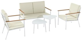 Outsunny Conjunto de Jardim de 5 Peças com 1 Sofá de 2 Lugares 2 Poltronas e 2 Mesas de Centro com Bancada de Vidro Creme | Aosom Portugal
