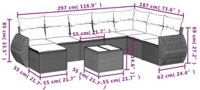 9 pcs conjunto sofás p/ jardim com almofadões vime PE cinzento