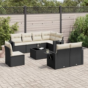 9 pcs conjunto de sofás p/ jardim c/ almofadões vime PE preto