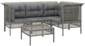 5 pcs conjunto lounge de jardim c/ almofadões vime PE cinzento