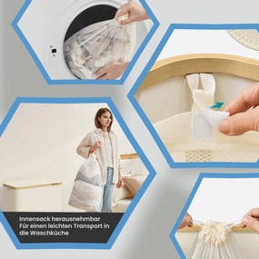 Cesto de bambu para roupa suja de 150 litros com 3 compartimentos 60 x 38,5 x 70,5 cm branco