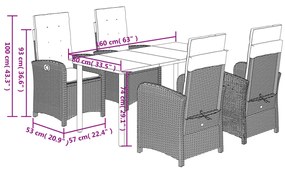 5 pcs conjunto de jantar p/ jardim c/ almofadões vime PE cinza