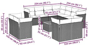 12 pcs conjunto de sofás de jardim c/ almofadões vime PE preto