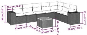 8 pcs conjunto sofás de jardim com almofadões vime PE preto