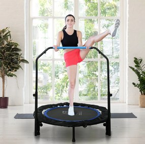 Trampolim de fitness e ginástica com pega ajustável, dobrável, 6 pés, 28 molas, Ø 102 cm, preto e azul