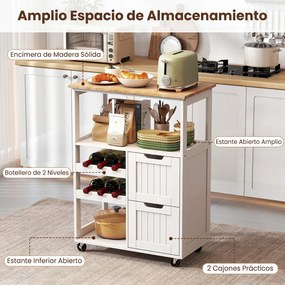 Carrinho de Cozinha com Garrafeira, 65 x 37 x 89 cm, Arrumação Completa, Branco