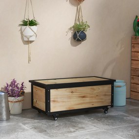 Baú de Exterior 121 L Baú de Armazenamento em Madeira com 4 Rodas para Jardim Pátio Varanda 100x50x43 cm Natural e Preto
