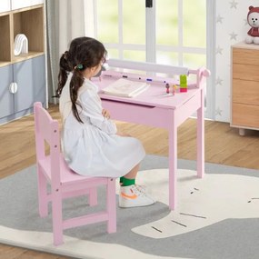 Conjunto de mesa e cadeira para crianças Mesa de actividades para crianças com arrumação e suporte para rolos de papel para desenhar, estudar e brinca